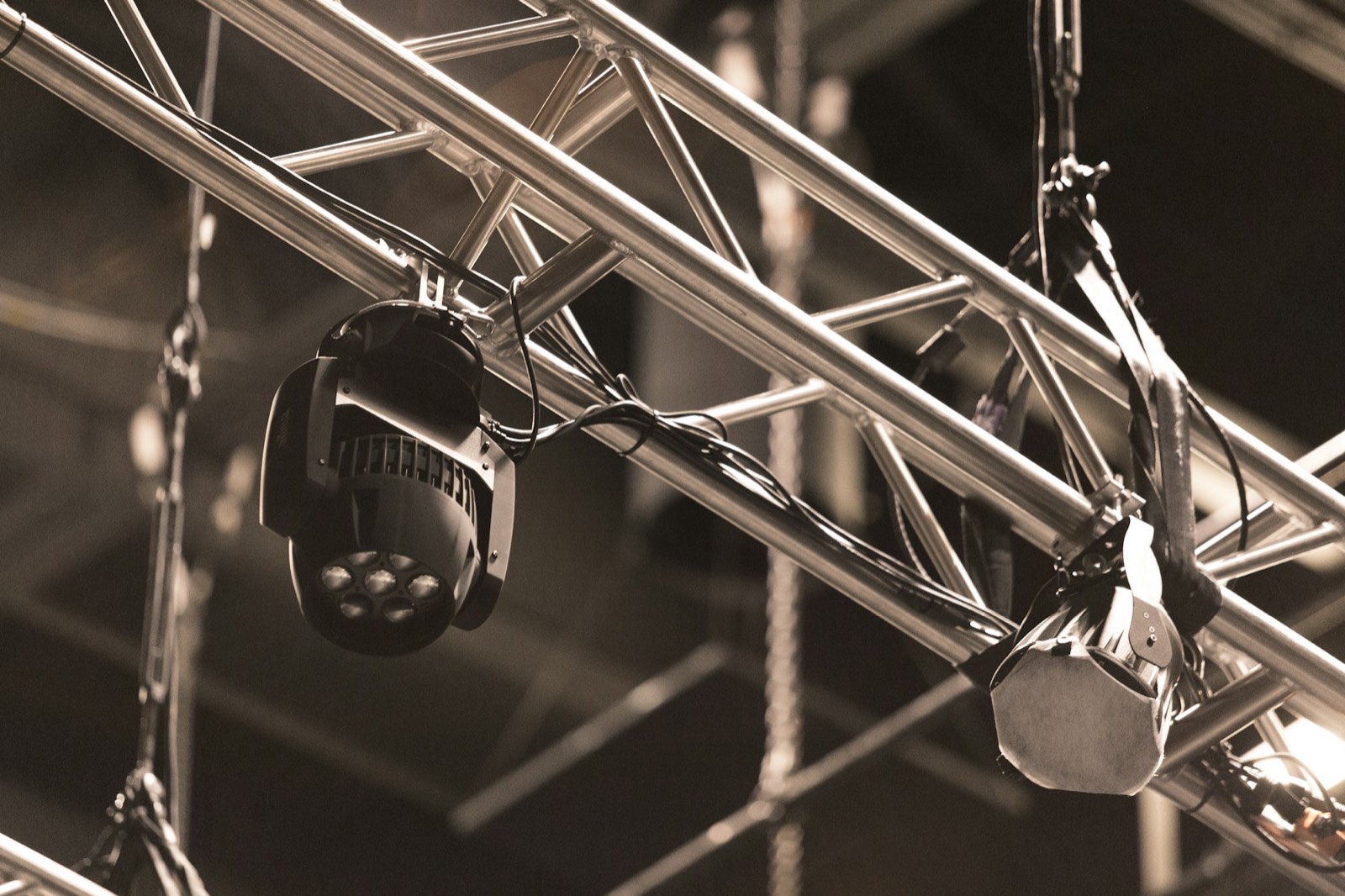 Lighting truss rigged above a stage